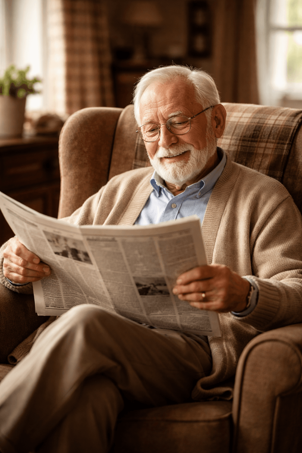 Senior in einem Sessel in ruhiger Umgebung